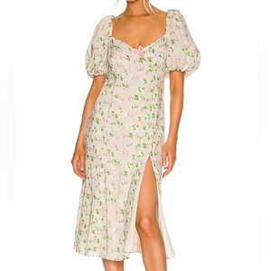 LPA Cream Floral Midi Dress with Puff Sleeves